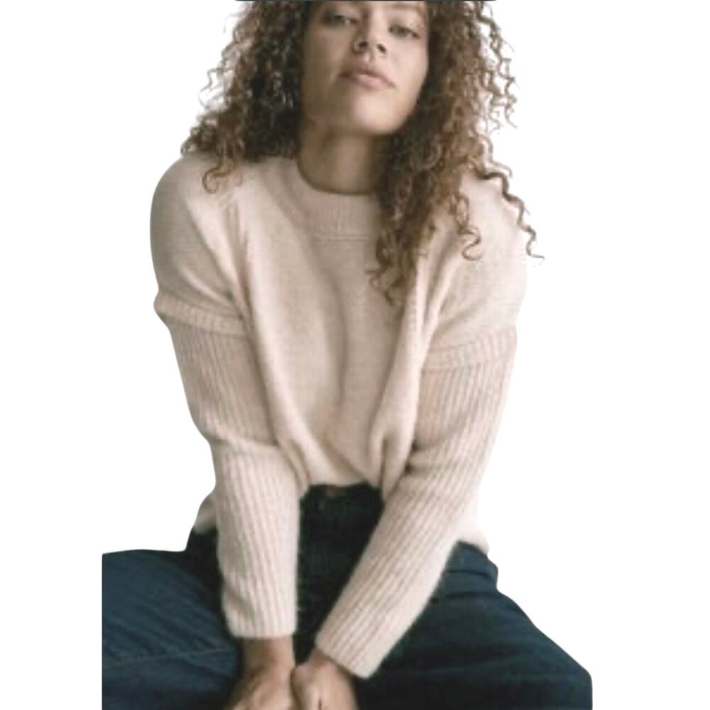 MADEWELL Women’s Fuzzy Alpaca Blend Cream Pullover Mixed Knit Sweater